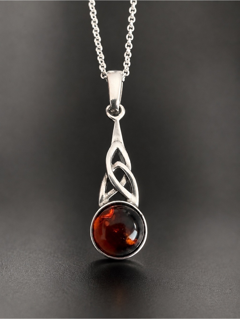 Estate Sterling Silver Celtic Knot Baltic Amber Necklace w/ Sterling Plate Chain